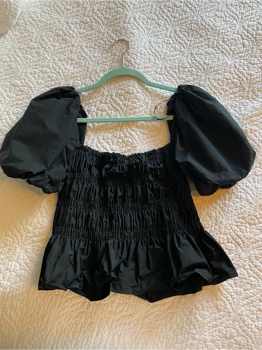 ASTR Black Puff-Sleeve Smocked Peplum Top